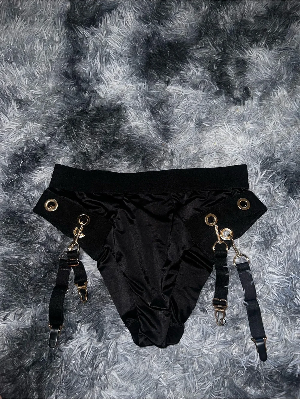 Black Satin Strappy Bra & High-Waist Garter Bikini Set Ava Rare set